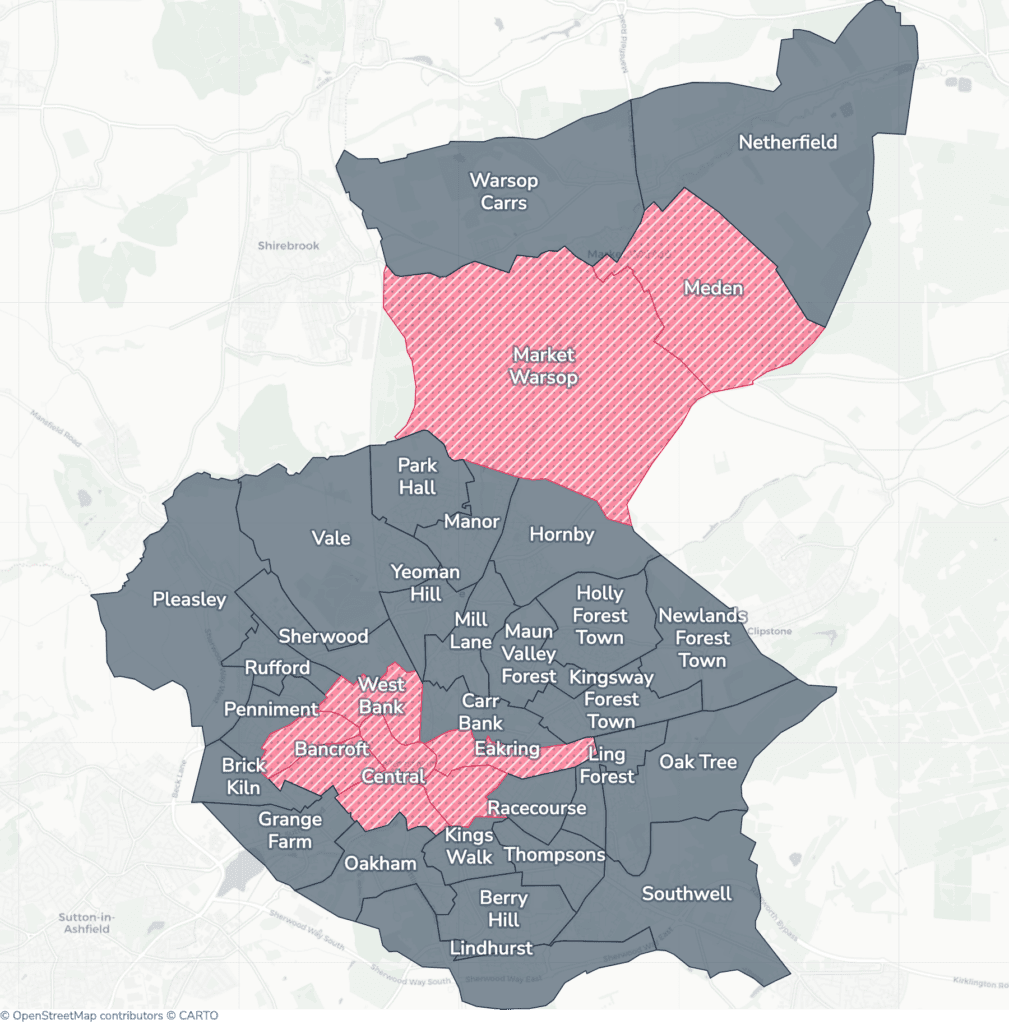 Map of property licensing by ward in Mansfield. Selective licensing in Bancroft, Central, Eakring, Market Warsop, Meden, Rock Hill, Wainwright and West Bank applies now. The remaining wards have mandatory HMO licensing only, which applies nationally to larger shared homes.