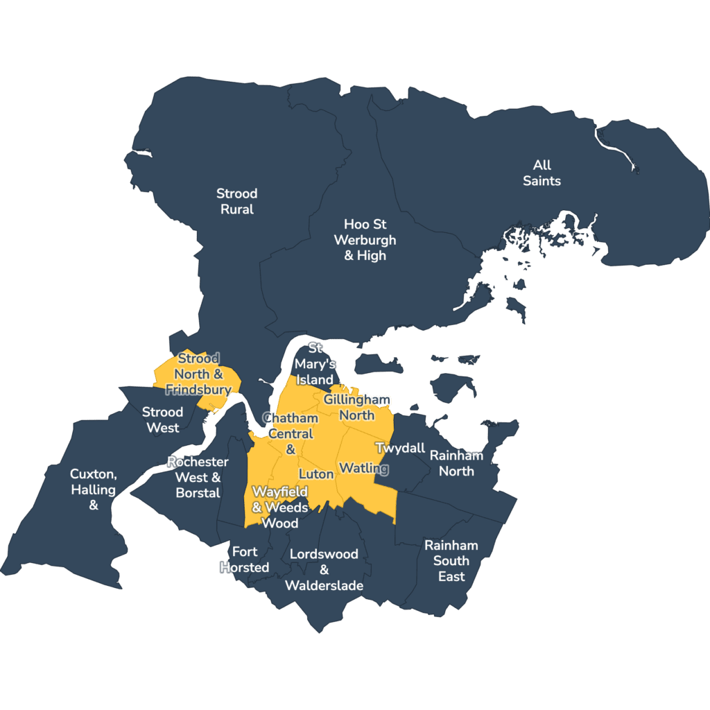 Map of property licensing by ward in Medway. No selective or additional licensing scheme applies now. Selective licensing in Chatham Central & Brompton, Fort Pitt, Gillingham North, Gillingham South, Luton, Strood North & Frindsbury and Watling and additional HMO licensing in Chatham Central & Brompton, Fort Pitt, Gillingham North, Gillingham South, Luton and Watling starts on 27 October 2026.