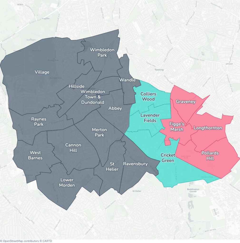 Map of property licensing by ward in Merton. Selective licensing in Figge's Marsh, Graveney, Longthornton and Pollards Hill and additional HMO licensing in Colliers Wood, Cricket Green, Figge's Marsh, Graveney, Lavender Fields, Longthornton and Pollards Hill applies now. The remaining wards have mandatory HMO licensing only, which applies nationally to larger shared homes.
