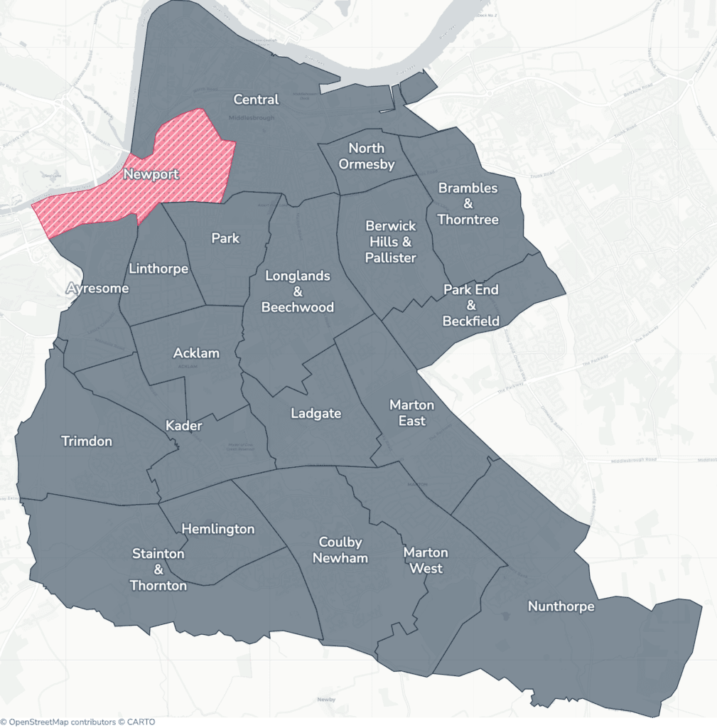 Map of property licensing by ward in Middlesbrough. Selective licensing in Newport applies now. The remaining wards have mandatory HMO licensing only, which applies nationally to larger shared homes.