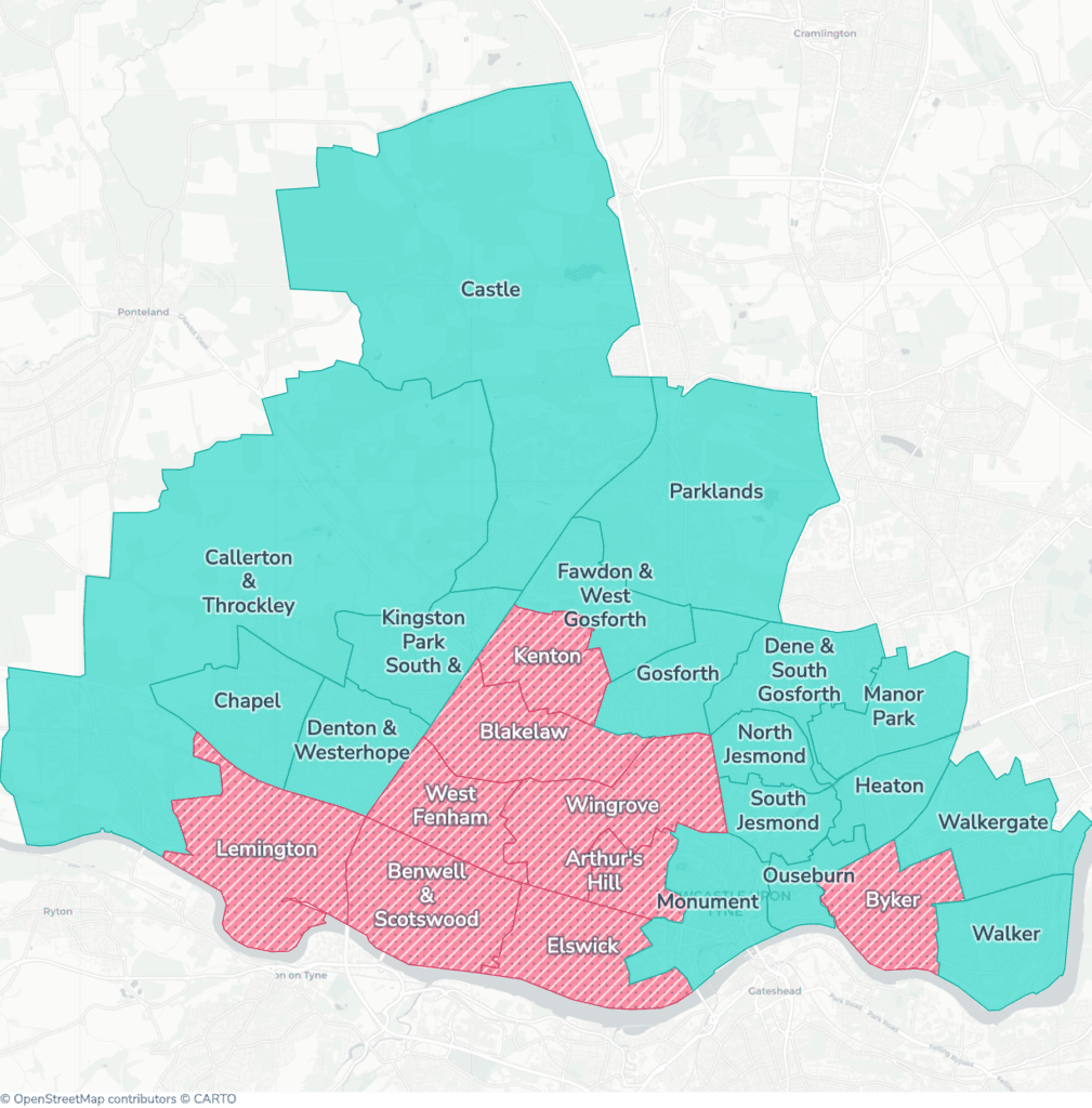 Map of property licensing by ward in Newcastle upon Tyne. Selective licensing in 9 of the 26 wards and additional HMO licensing across the whole council area applies now.