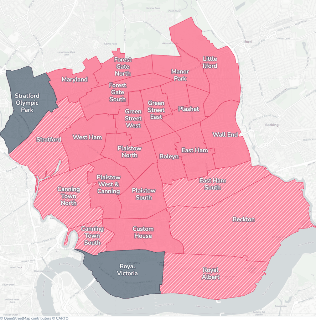 Map of property licensing by ward in Newham. Selective licensing in 22 of the 24 wards and additional HMO licensing in 22 of the 24 wards applies now. The remaining wards have mandatory HMO licensing only, which applies nationally to larger shared homes.