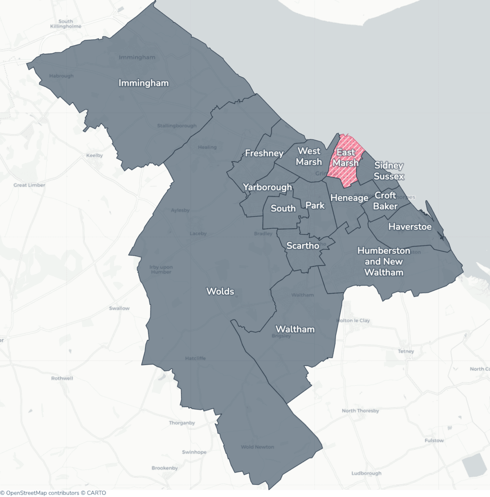 Map of property licensing by ward in North East Lincolnshire. Selective licensing in East Marsh applies now. The remaining wards have mandatory HMO licensing only, which applies nationally to larger shared homes.