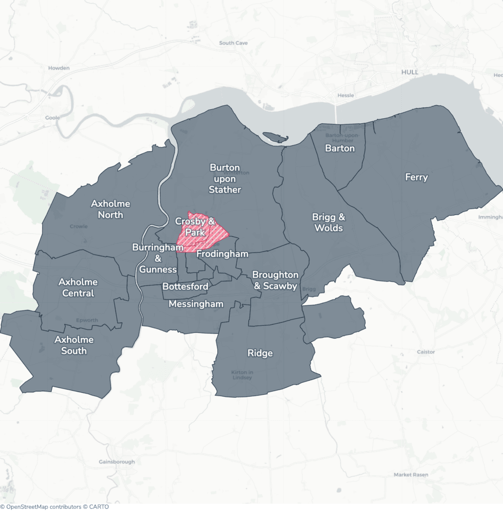 Map of property licensing by ward in North Lincolnshire. Selective licensing in Crosby & Park and Town applies now. The remaining wards have mandatory HMO licensing only, which applies nationally to larger shared homes.