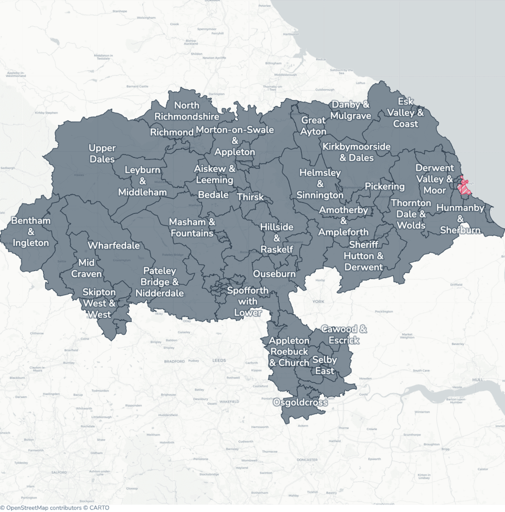 Map of property licensing by ward in North Yorkshire. Selective licensing in Castle, Falsgrave & Stepney, Northstead and Weaponness & Ramshill applies now. The remaining wards have mandatory HMO licensing only, which applies nationally to larger shared homes.