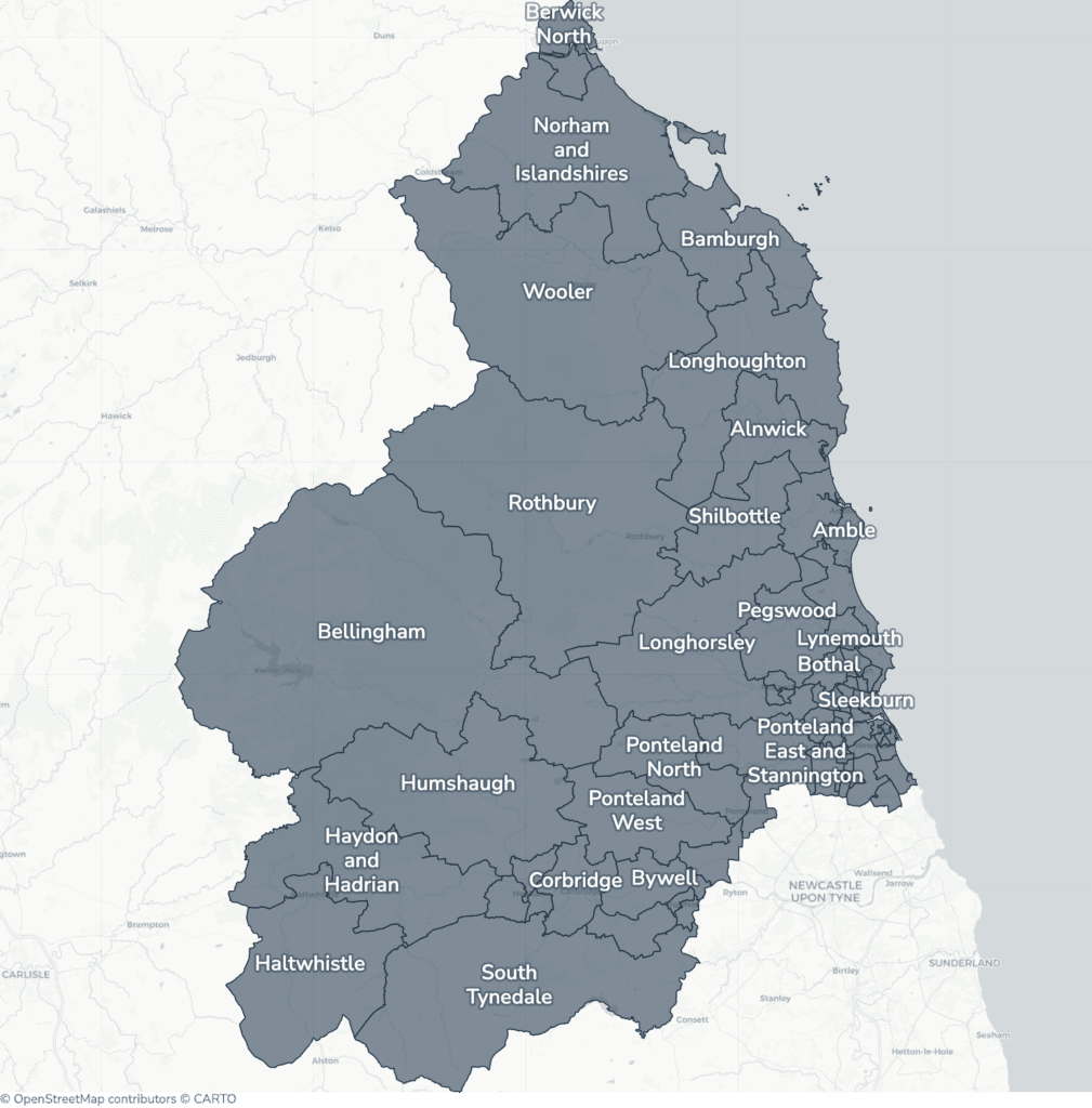 Map of property licensing by ward in Northumberland. No selective or additional licensing scheme applies now. Mandatory HMO licensing applies across the council area, as it does nationally to larger shared homes.