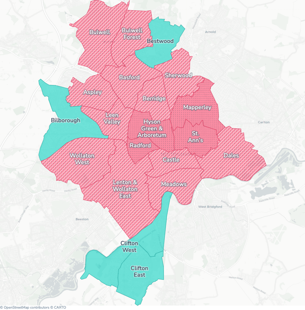 Map of property licensing by ward in Nottingham. Selective licensing in 16 of the 20 wards and additional HMO licensing across the whole council area applies now.