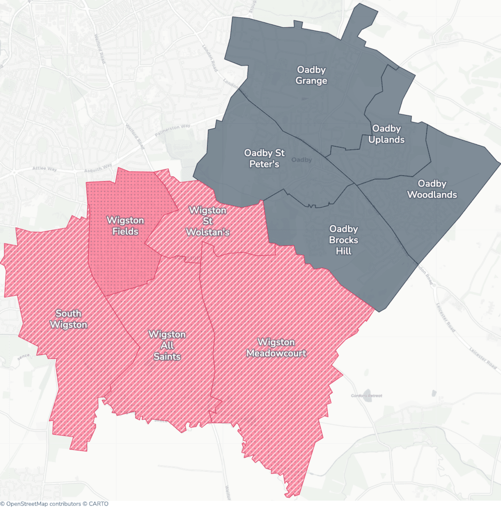 Map of property licensing by ward in Oadby and Wigston. Selective licensing in South Wigston, Wigston All Saints, Wigston Fields, Wigston Meadowcourt and Wigston St Wolstan's applies now. The remaining wards have mandatory HMO licensing only, which applies nationally to larger shared homes.