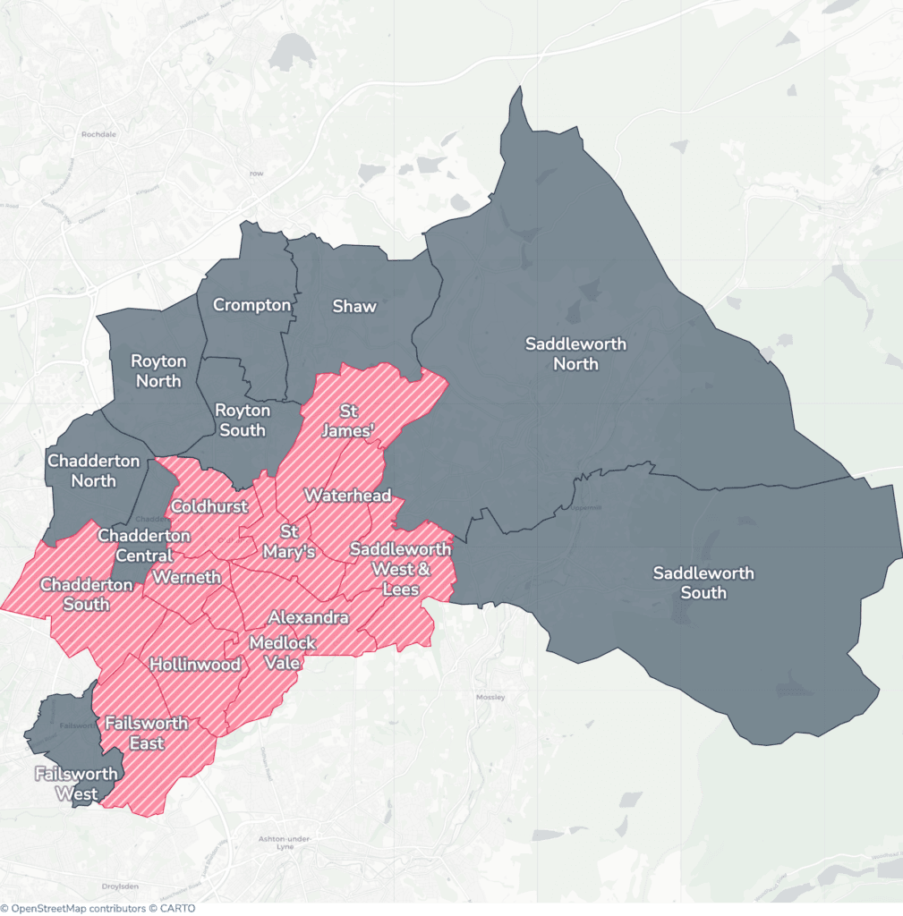 Map of property licensing by ward in Oldham. Selective licensing in 11 of the 20 wards applies now. The remaining wards have mandatory HMO licensing only, which applies nationally to larger shared homes.