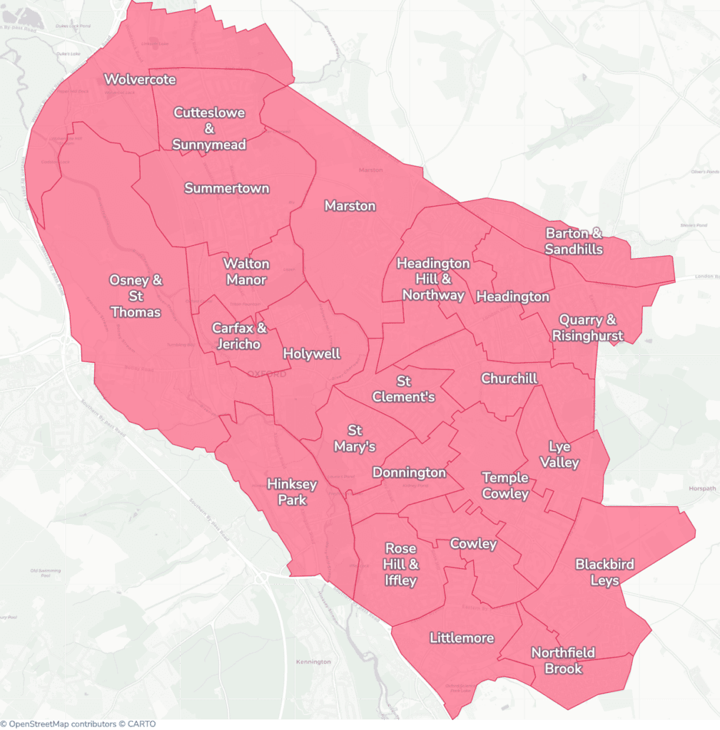 Map of property licensing by ward in Oxford. Selective licensing across the whole council area and additional HMO licensing across the whole council area applies now.