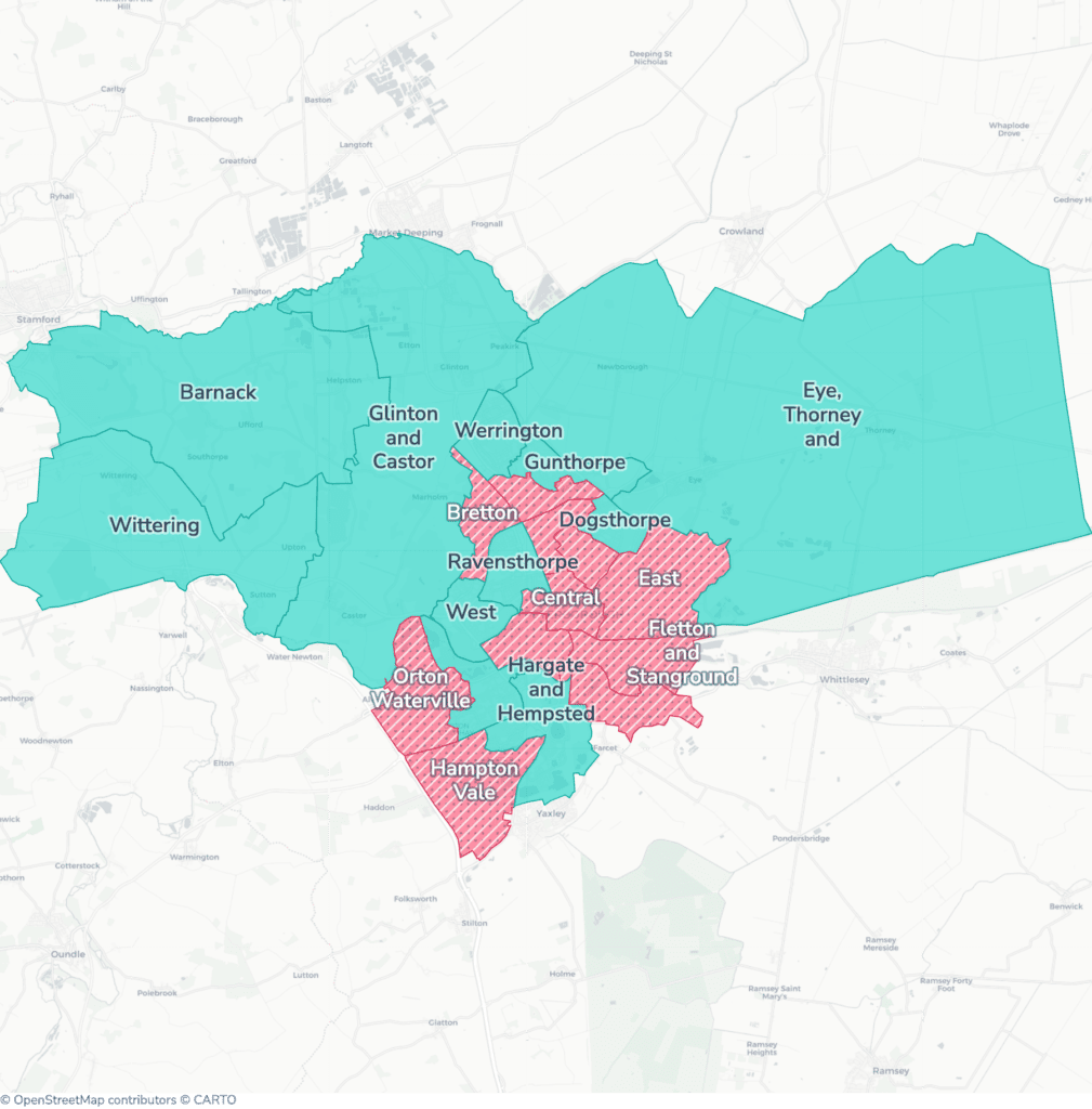 Map of property licensing by ward in Peterborough. Selective licensing in 11 of the 22 wards and additional HMO licensing across the whole council area applies now.