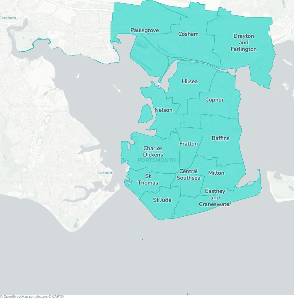 Map of property licensing by ward in Portsmouth. Additional HMO licensing across the whole council area applies now.