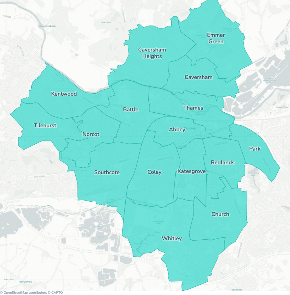 Map of property licensing by ward in Reading. Additional HMO licensing across the whole council area applies now.
