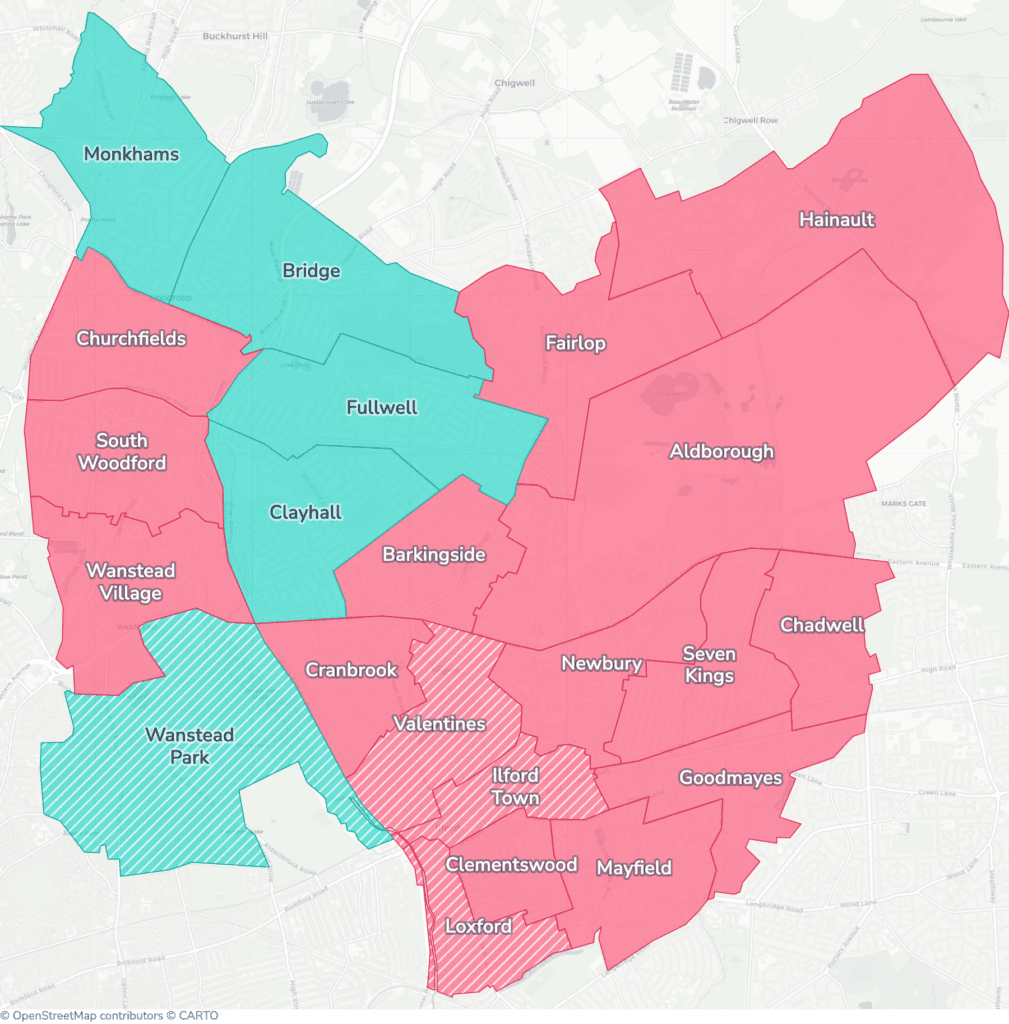Map of property licensing by ward in Redbridge. Selective licensing in 17 of the 22 wards and additional HMO licensing across the whole council area applies now.