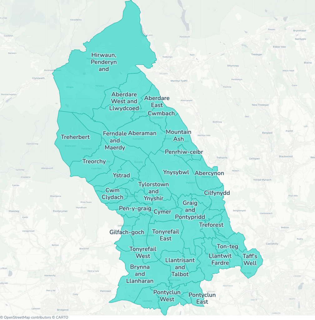 Map of property licensing by ward in Rhondda Cynon Taf. Additional HMO licensing across the whole council area applies now.