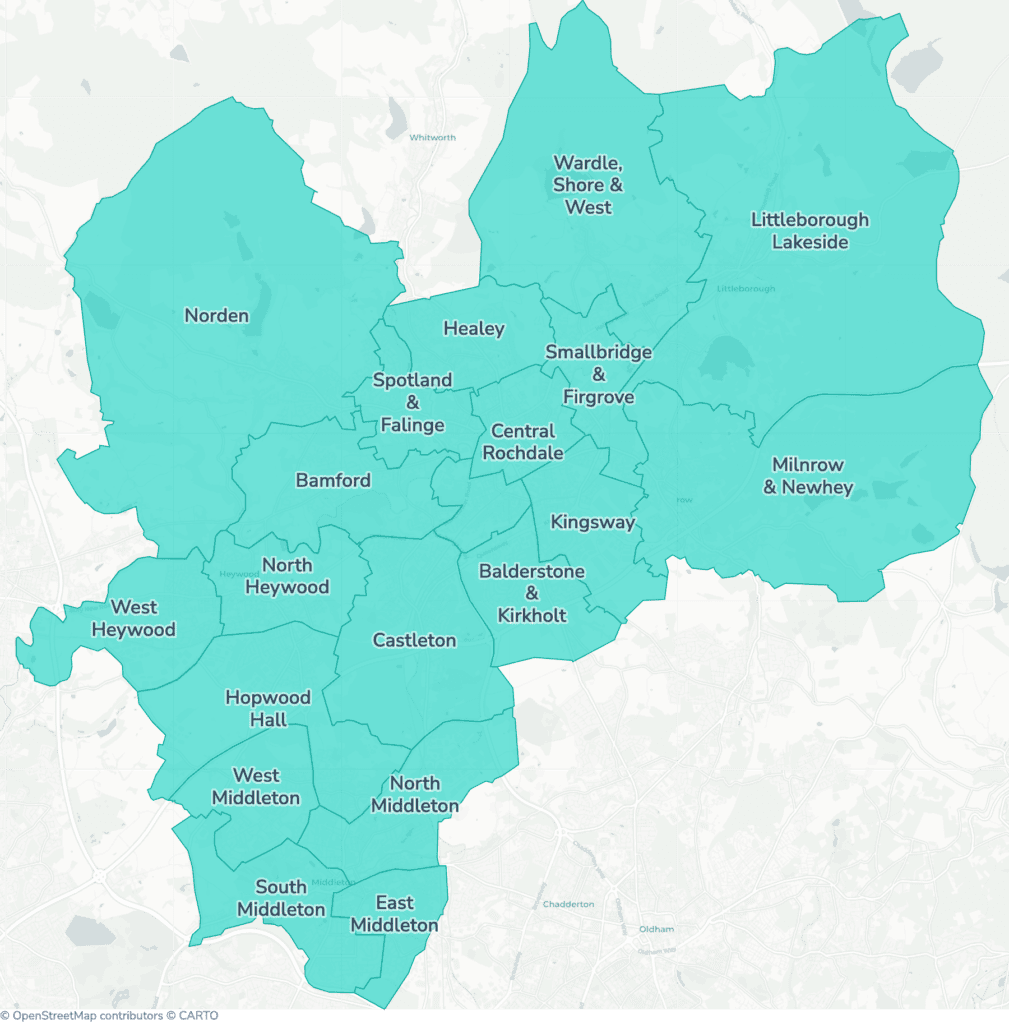 Map of property licensing by ward in Rochdale. Additional HMO licensing across the whole council area applies now.