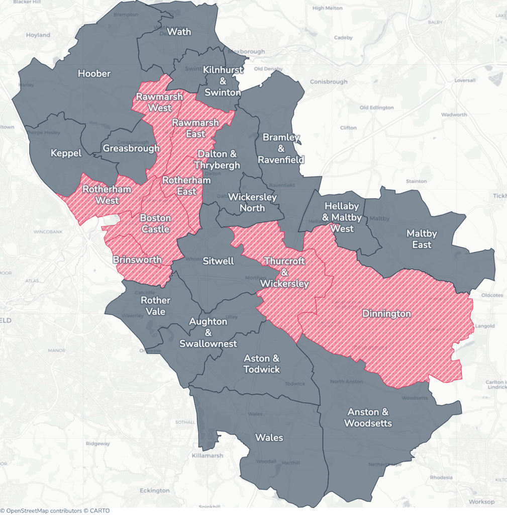 Map of property licensing by ward in Rotherham. Selective licensing in Boston Castle, Brinsworth, Dinnington, Rawmarsh East, Rawmarsh West, Rotherham East, Rotherham West and Thurcroft & Wickersley South applies now. The remaining wards have mandatory HMO licensing only, which applies nationally to larger shared homes.
