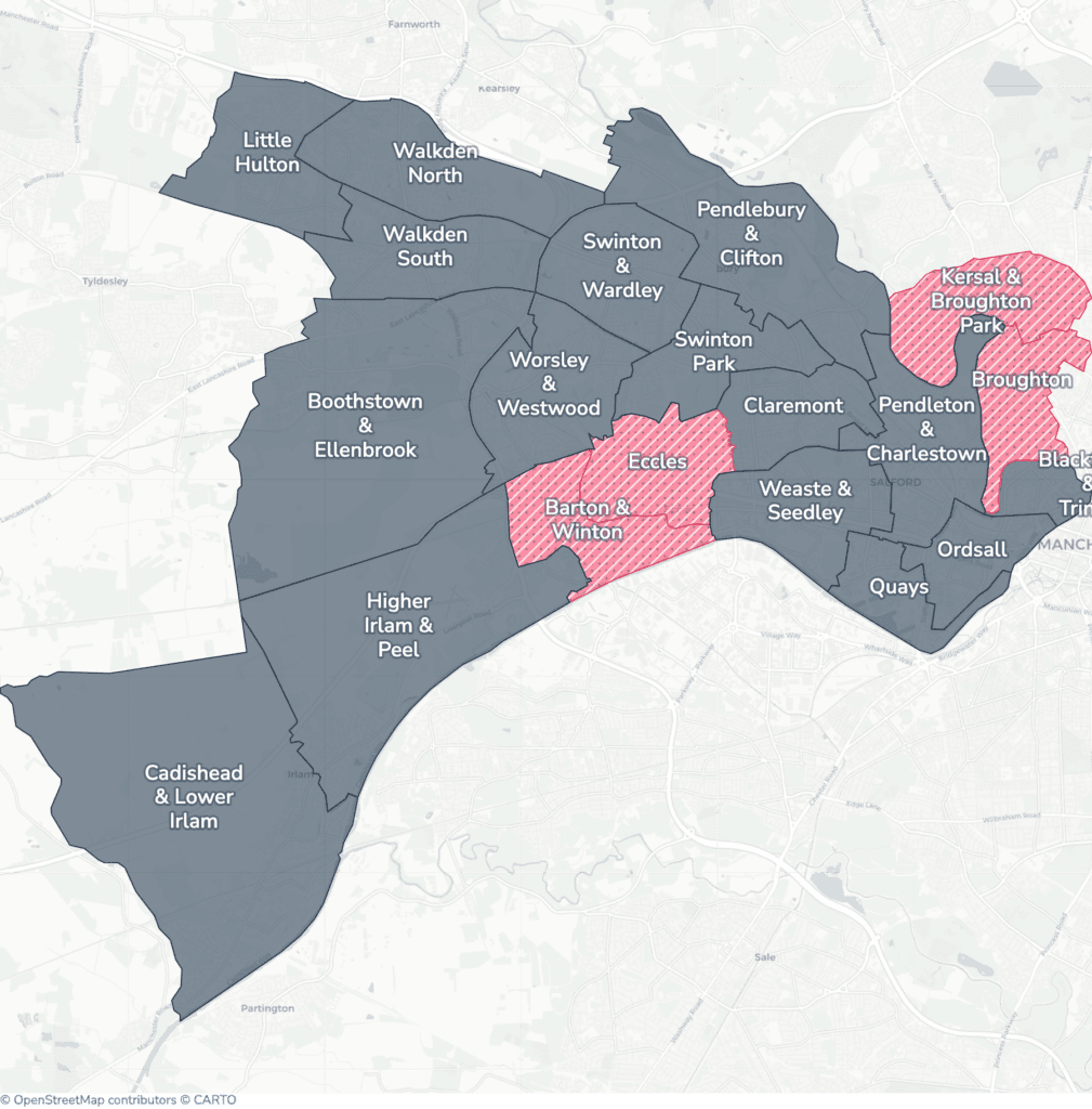 Map of property licensing by ward in Salford. Selective licensing in Barton & Winton, Broughton, Eccles and Kersal & Broughton Park applies now. The remaining wards have mandatory HMO licensing only, which applies nationally to larger shared homes.
