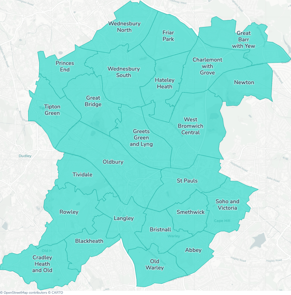 Map of property licensing by ward in Sandwell. Additional HMO licensing across the whole council area applies now.