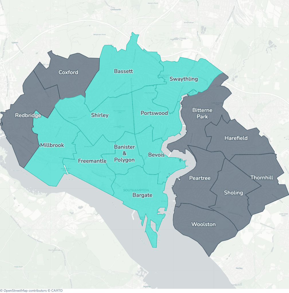 Map of property licensing by ward in Southampton. Additional HMO licensing in 9 of the 17 wards applies now. The remaining wards have mandatory HMO licensing only, which applies nationally to larger shared homes.