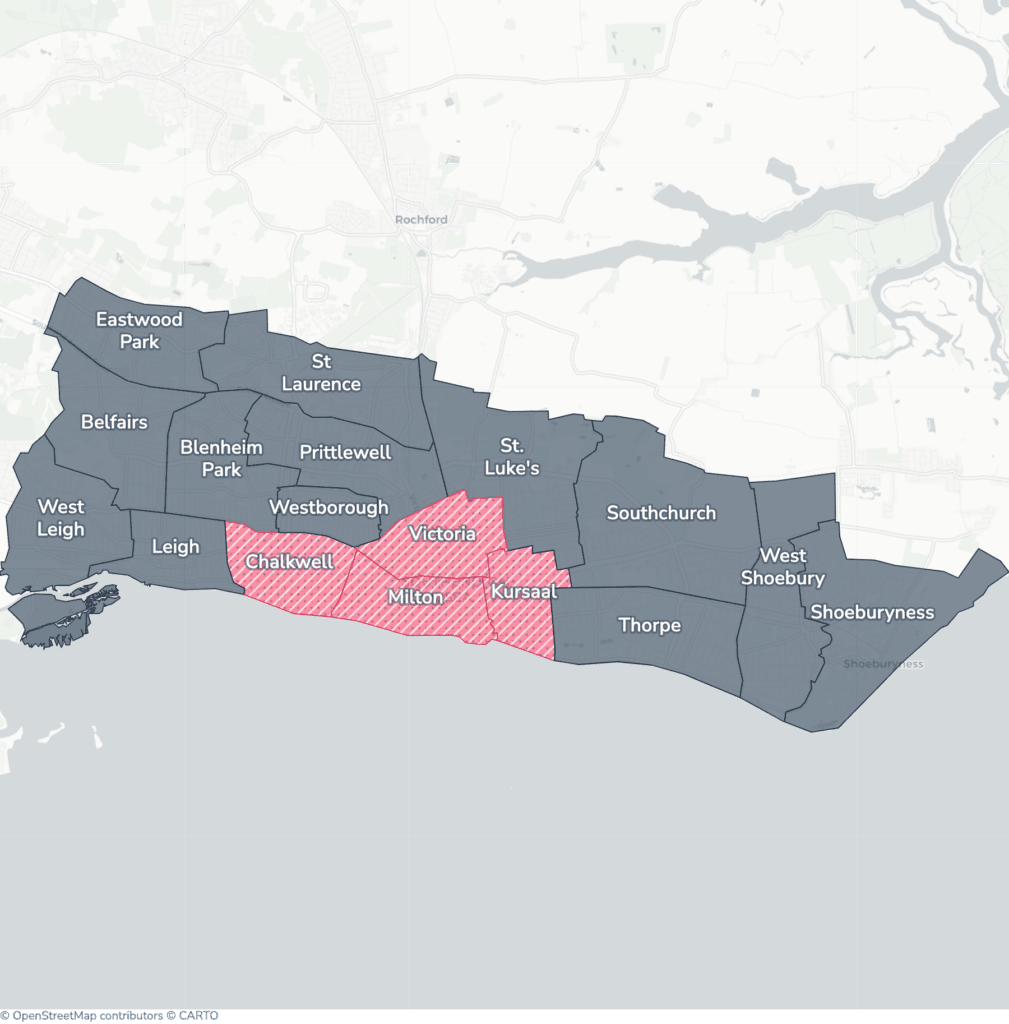 Map of property licensing by ward in Southend-on-Sea. Selective licensing in Chalkwell, Kursaal, Milton and Victoria applies now. The remaining wards have mandatory HMO licensing only, which applies nationally to larger shared homes.