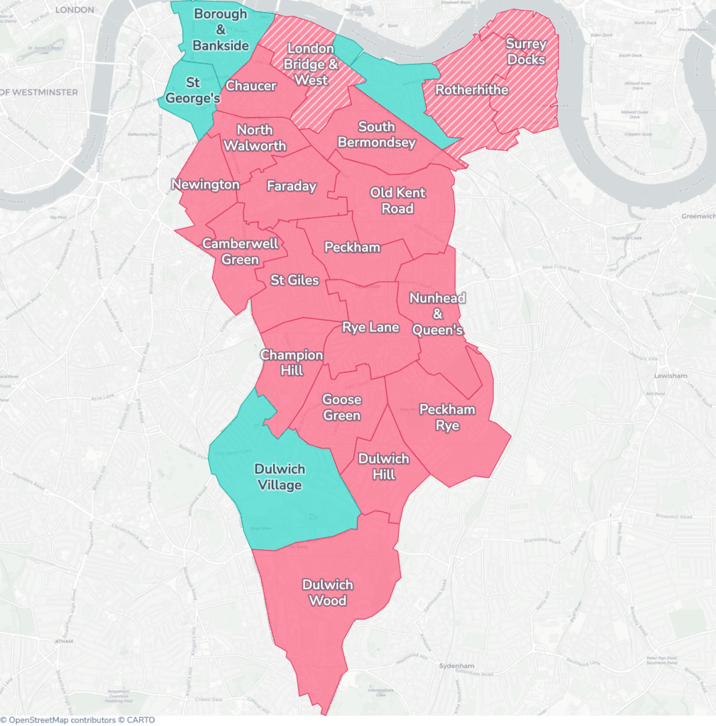 Map of property licensing by ward in Southwark. Selective licensing in 19 of the 23 wards and additional HMO licensing across the whole council area applies now.