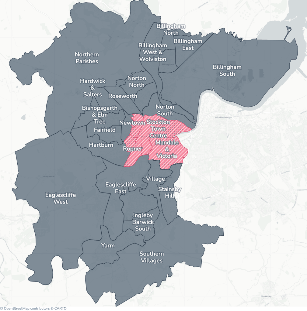 Map of property licensing by ward in Stockton-on-Tees. Selective licensing in Mandale & Victoria, Newtown, Ropner and Stockton Town Centre applies now. The remaining wards have mandatory HMO licensing only, which applies nationally to larger shared homes.