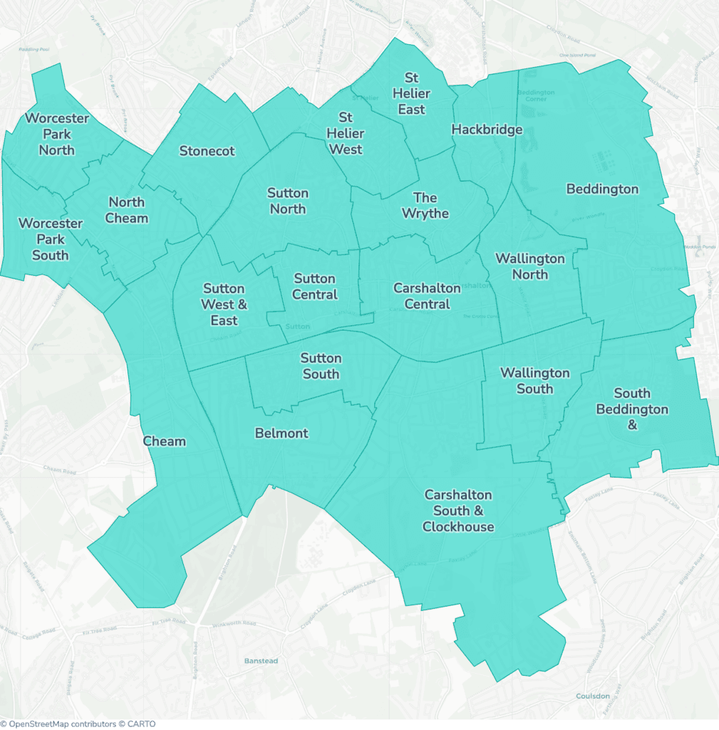 Map of property licensing by ward in Sutton. Additional HMO licensing across the whole council area applies now.