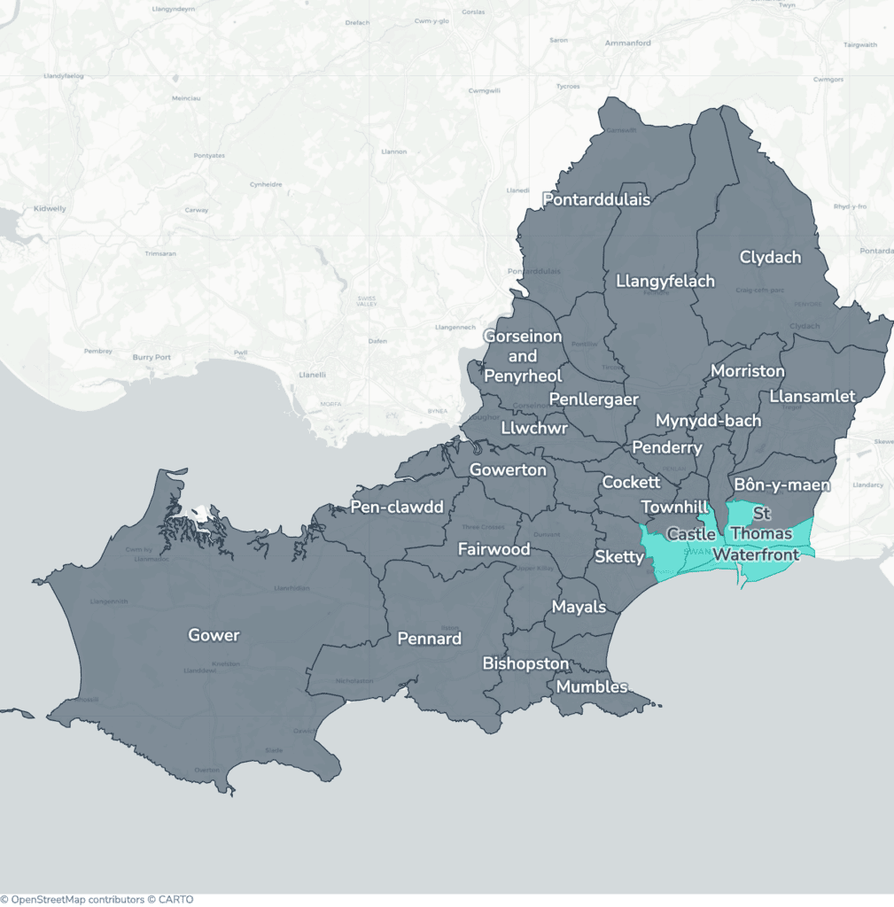 Map of property licensing by ward in Swansea. Additional HMO licensing in Castle, St Thomas, Uplands and Waterfront applies now. The remaining wards have mandatory HMO licensing only, which applies nationally to larger shared homes.