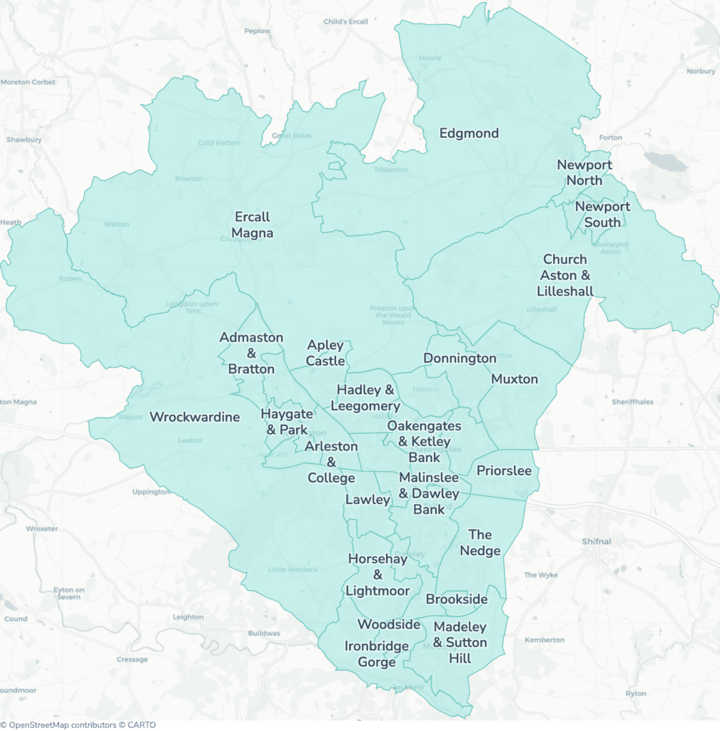 Map of property licensing by ward in Telford and Wrekin. No selective or additional licensing scheme applies now. Additional HMO licensing across the whole council area starts on 25 August 2026. Mandatory HMO licensing applies across the council area, as it does nationally to larger shared homes.