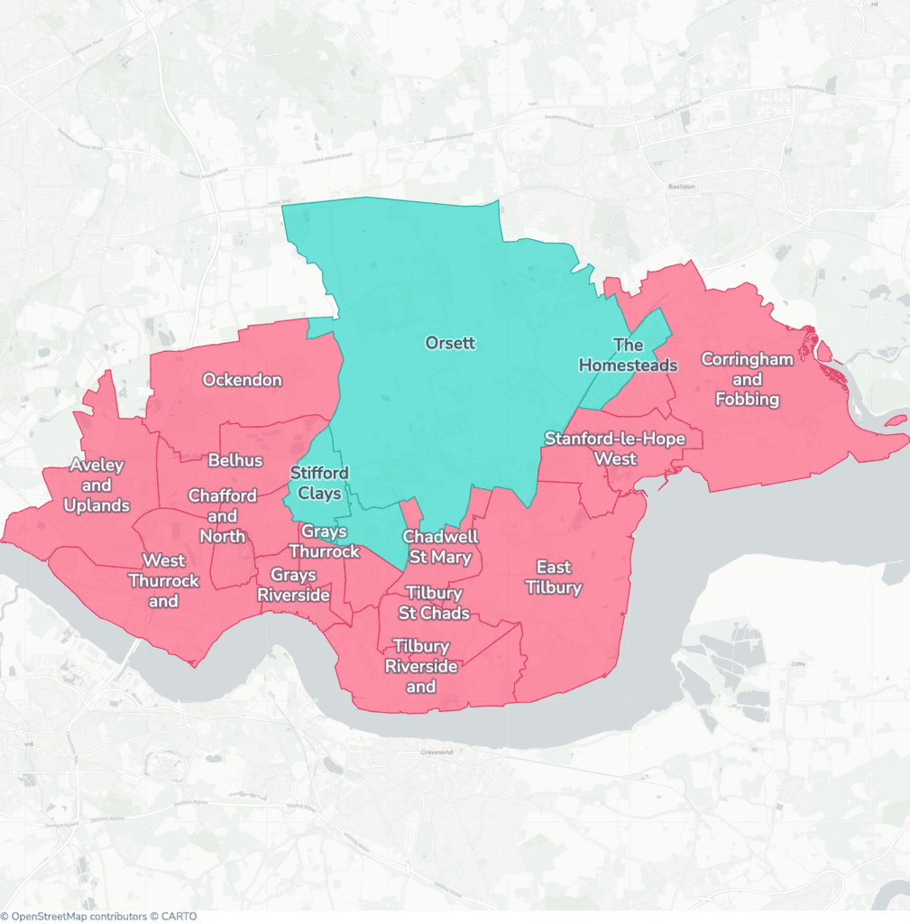 Map of property licensing by ward in Thurrock. Selective licensing in 16 of the 20 wards and additional HMO licensing across the whole council area applies now.