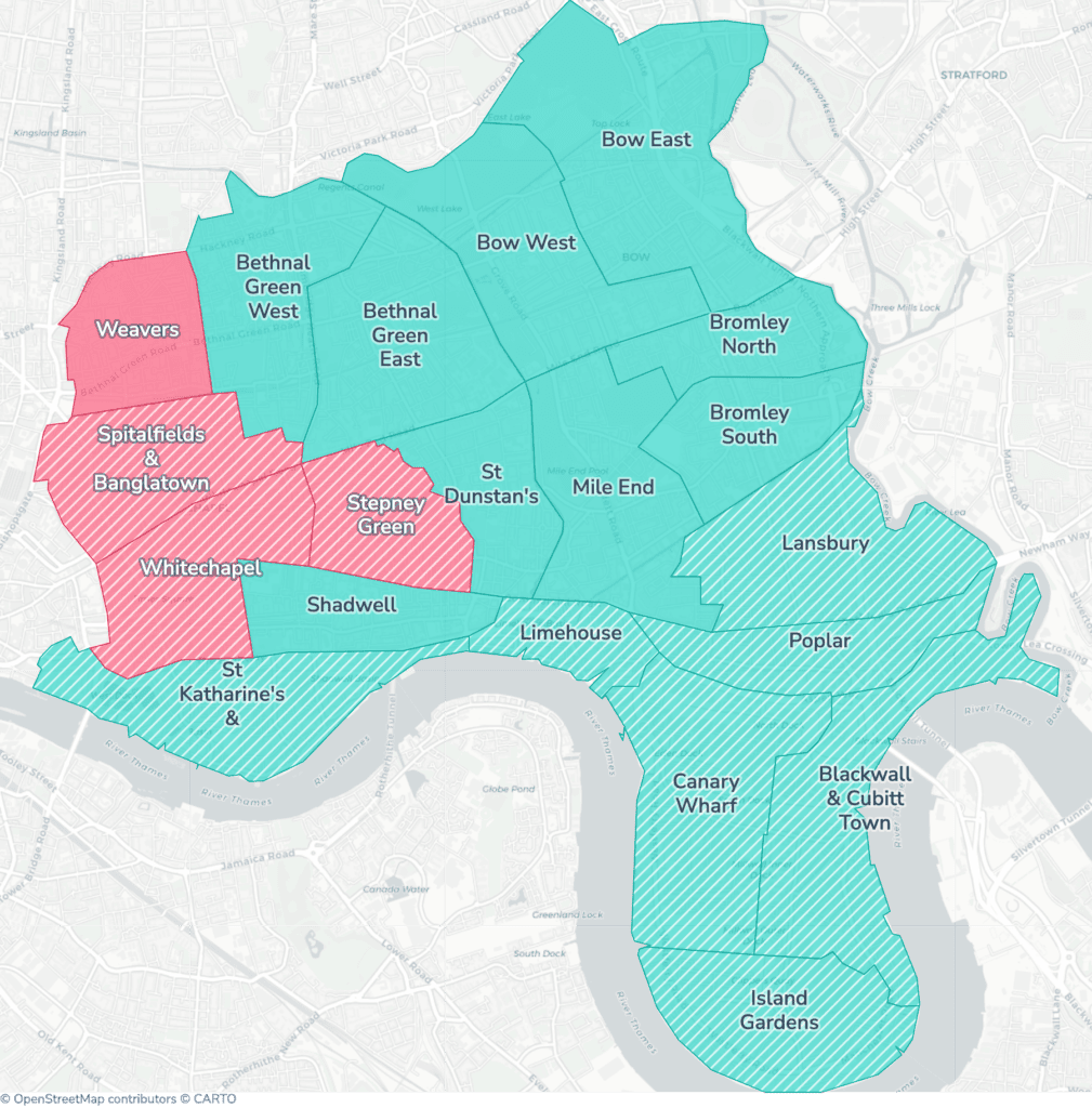 Map of property licensing by ward in Tower Hamlets. Selective licensing in Spitalfields & Banglatown, Stepney Green, Weavers and Whitechapel and additional HMO licensing across the whole council area applies now.