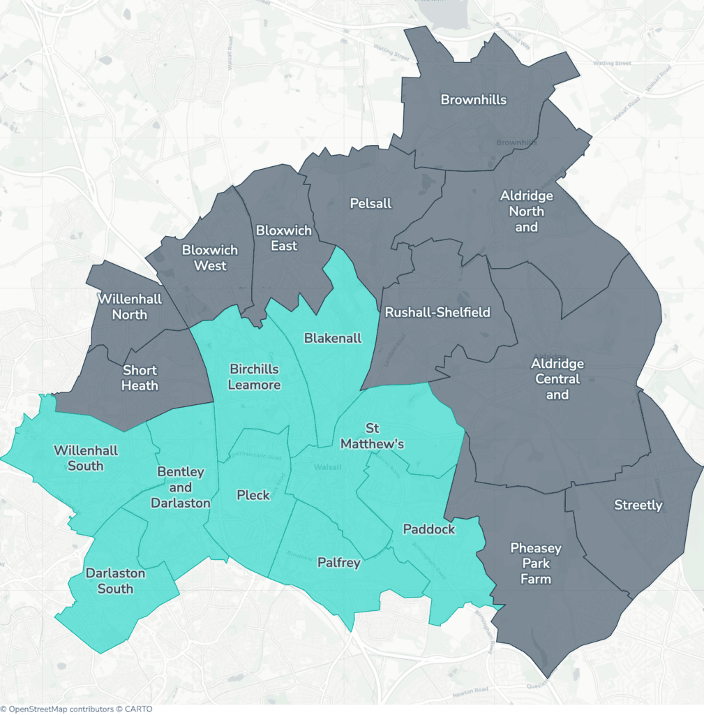 Map of property licensing by ward in Walsall. Additional HMO licensing in 9 of the 20 wards applies now. The remaining wards have mandatory HMO licensing only, which applies nationally to larger shared homes.