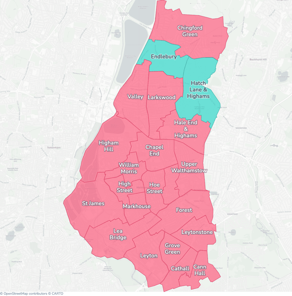 Map of property licensing by ward in Waltham Forest. Selective licensing in 20 of the 22 wards and additional HMO licensing across the whole council area applies now.