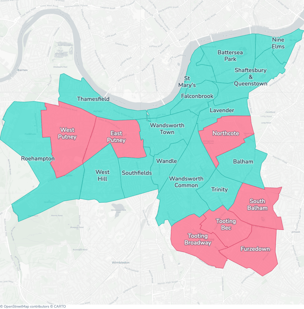 Map of property licensing by ward in Wandsworth. Selective licensing in East Putney, Furzedown, Northcote, South Balham, Tooting Bec, Tooting Broadway and West Putney and additional HMO licensing across the whole council area applies now.