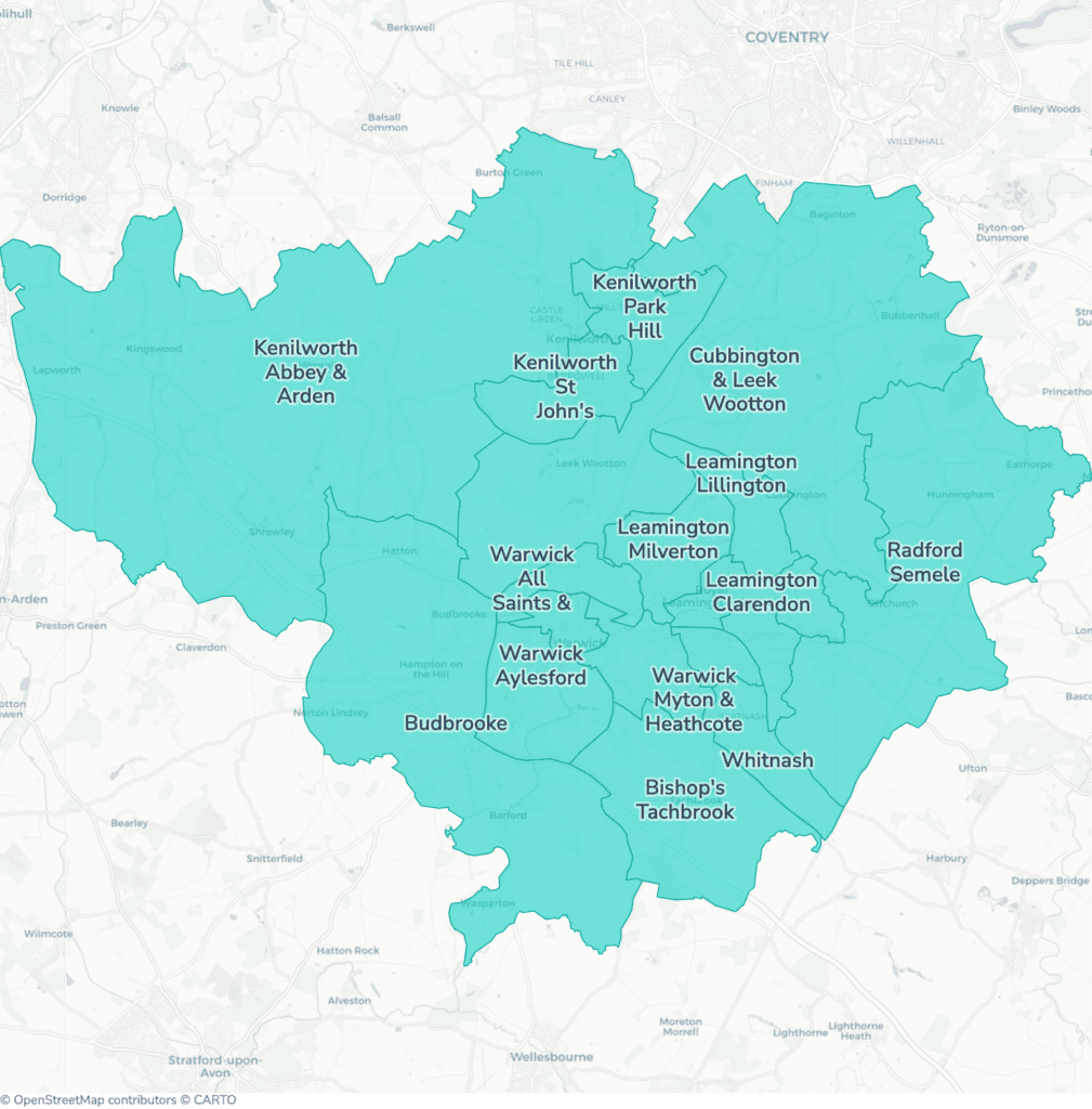 Map of property licensing by ward in Warwick. Additional HMO licensing across the whole council area applies now.