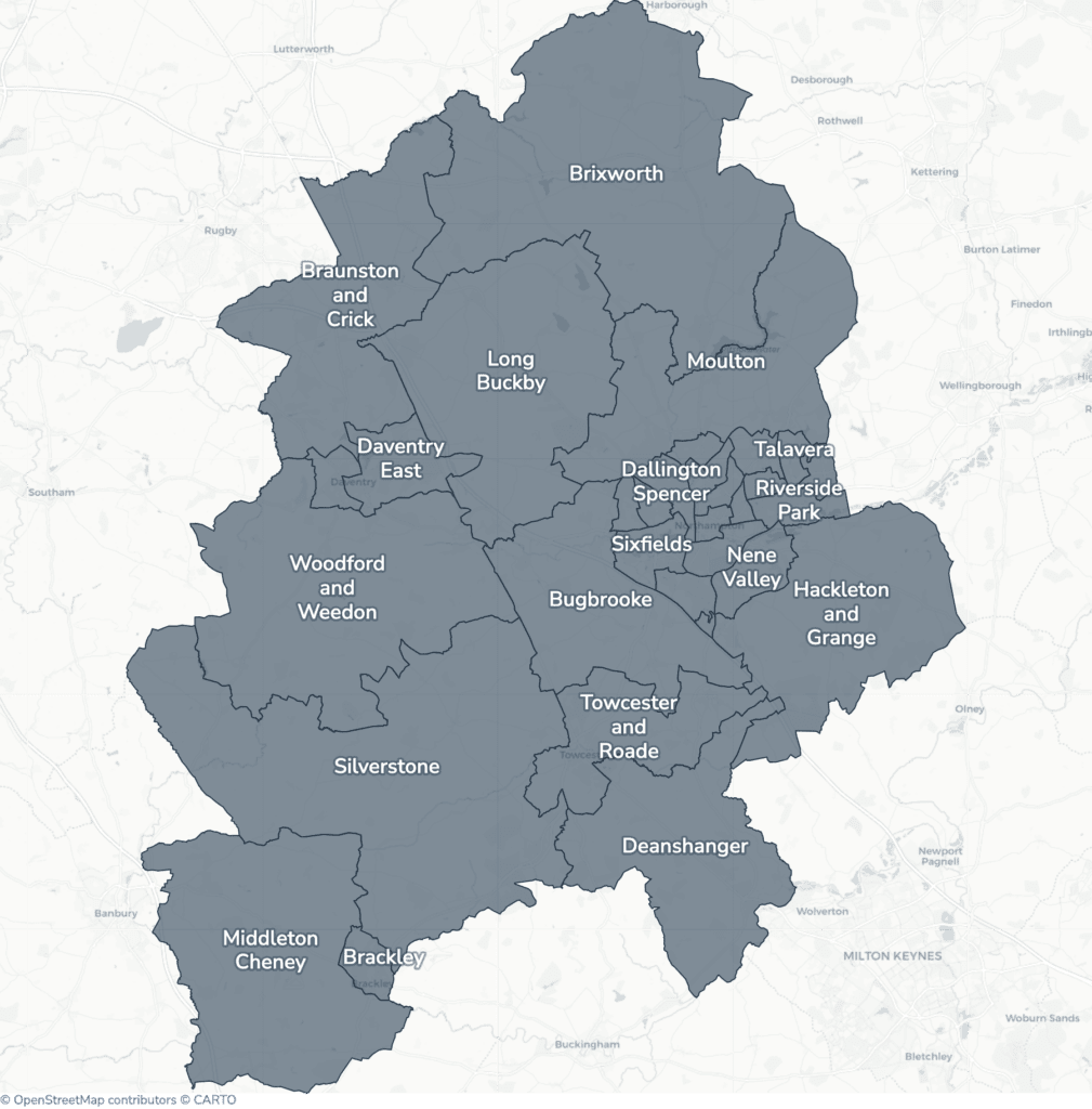 Map of property licensing by ward in West Northamptonshire. No selective or additional licensing scheme applies now. Mandatory HMO licensing applies across the council area, as it does nationally to larger shared homes.