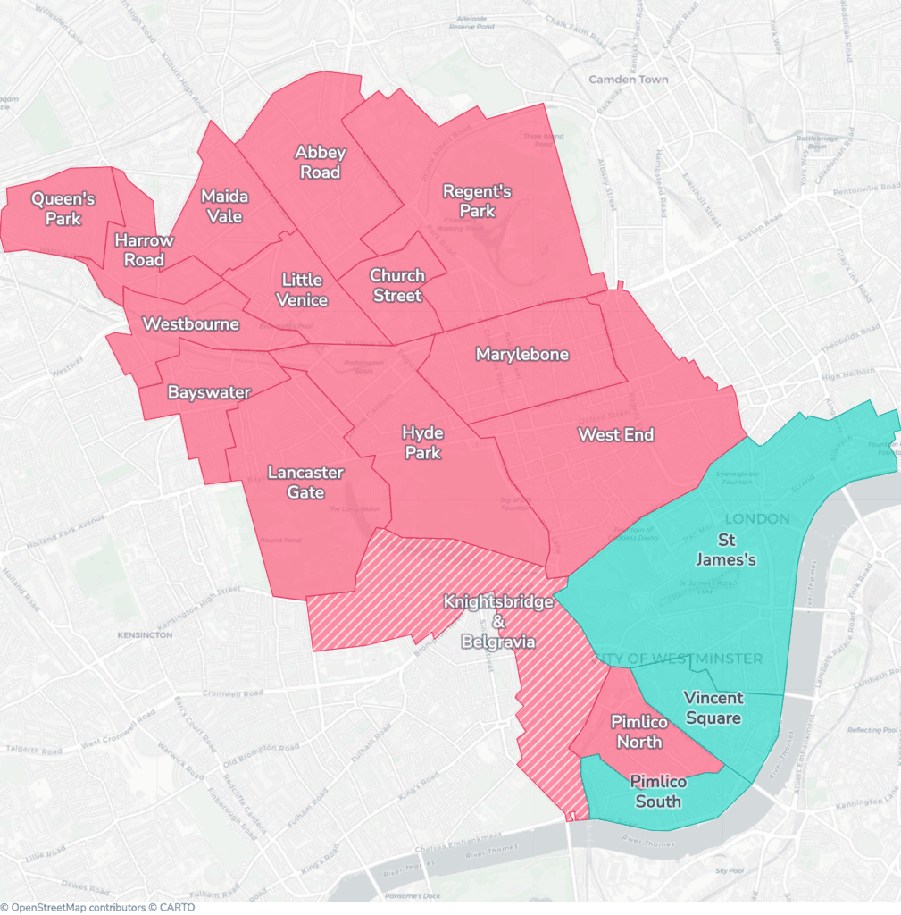 Map of property licensing by ward in Westminster. Selective licensing in 15 of the 18 wards and additional HMO licensing across the whole council area applies now.