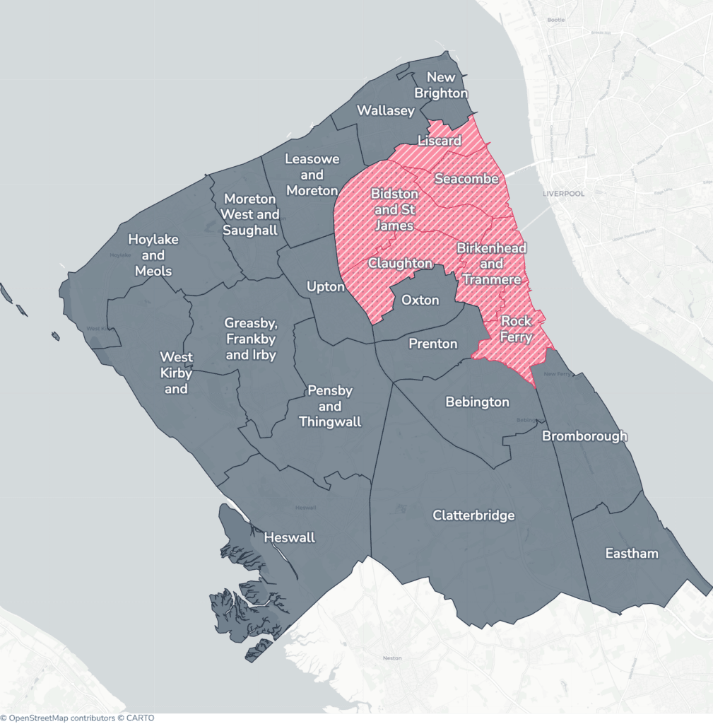 Map of property licensing by ward in Wirral. Selective licensing in Bidston and St James, Birkenhead and Tranmere, Claughton, Liscard, Rock Ferry and Seacombe applies now. The remaining wards have mandatory HMO licensing only, which applies nationally to larger shared homes.