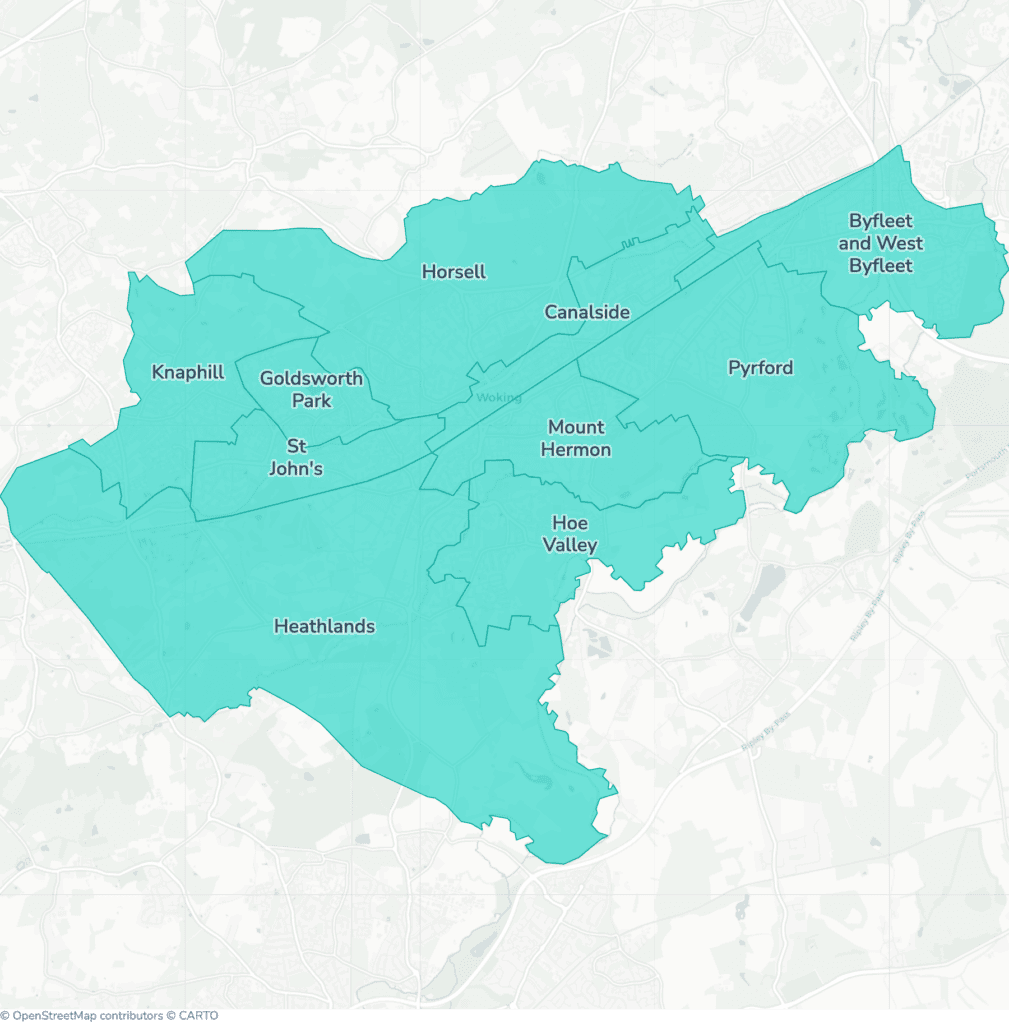 Map of property licensing by ward in Woking. Additional HMO licensing across the whole council area applies now.