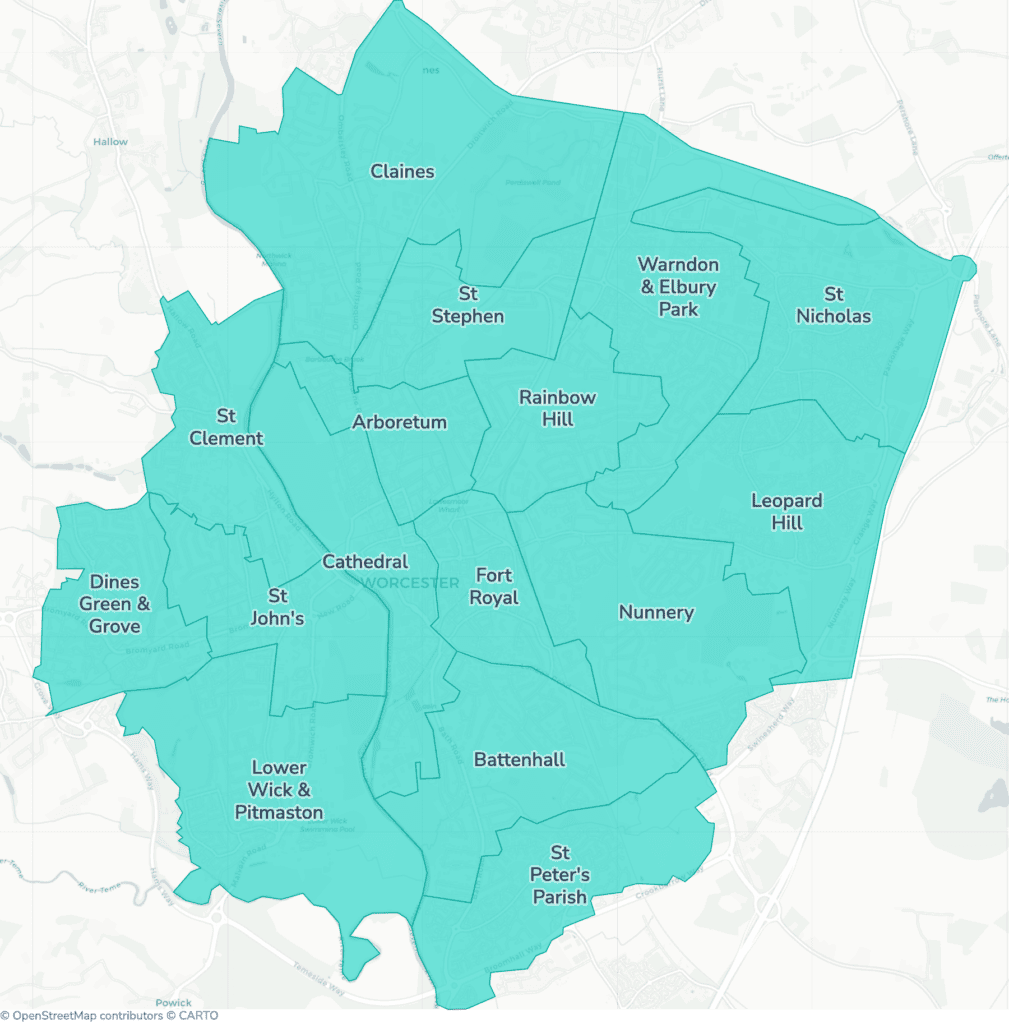 Map of property licensing by ward in Worcester. Additional HMO licensing across the whole council area applies now.