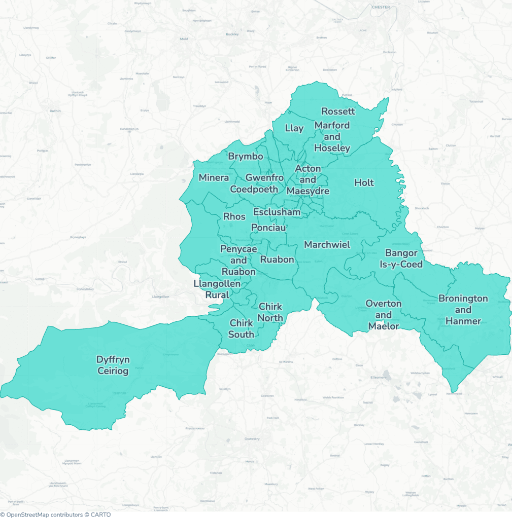 Map of property licensing by ward in Wrexham. Additional HMO licensing across the whole council area applies now.