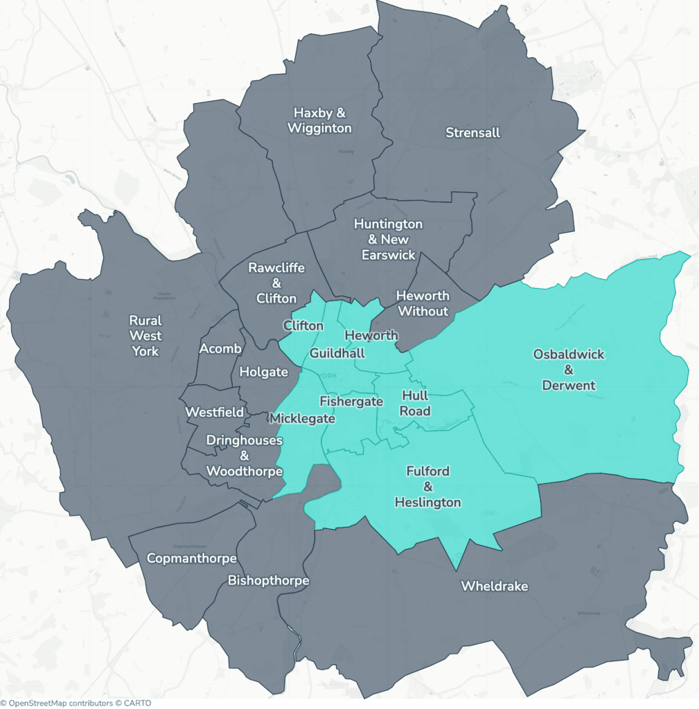 Map of property licensing by ward in York. Additional HMO licensing in Clifton, Fishergate, Fulford & Heslington, Guildhall, Heworth, Hull Road, Micklegate and Osbaldwick & Derwent applies now. The remaining wards have mandatory HMO licensing only, which applies nationally to larger shared homes.