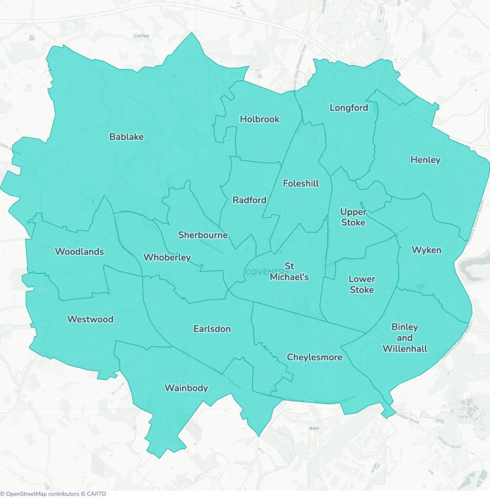 Map of property licensing by ward in Coventry. Additional HMO licensing across the whole council area applies now.
