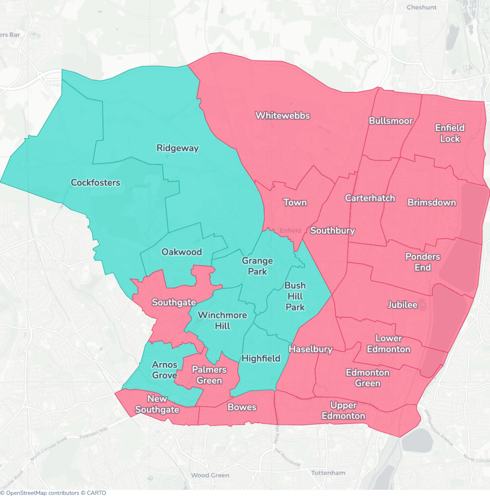 Map of property licensing by ward in Enfield. Selective licensing in 17 of the 25 wards and additional HMO licensing across the whole council area applies now.