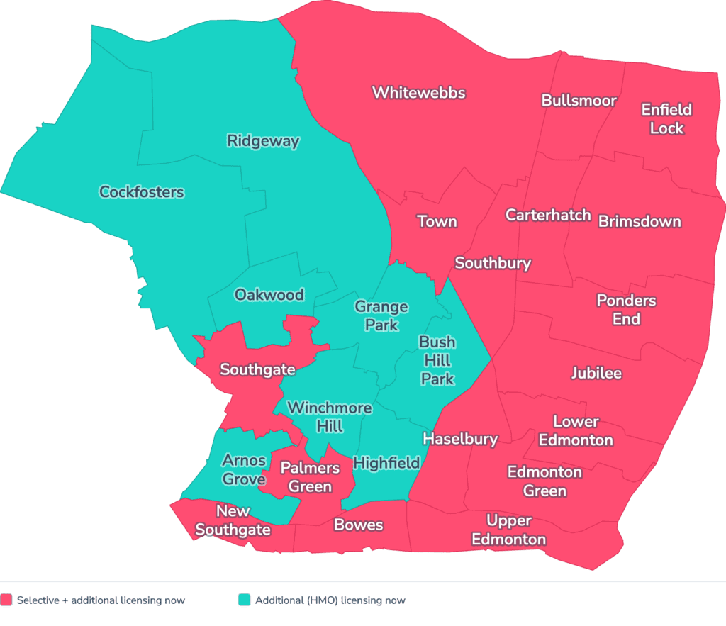 Map of property licensing by ward in Enfield. Selective licensing in 17 of the 25 wards and additional HMO licensing across the whole council area applies now.