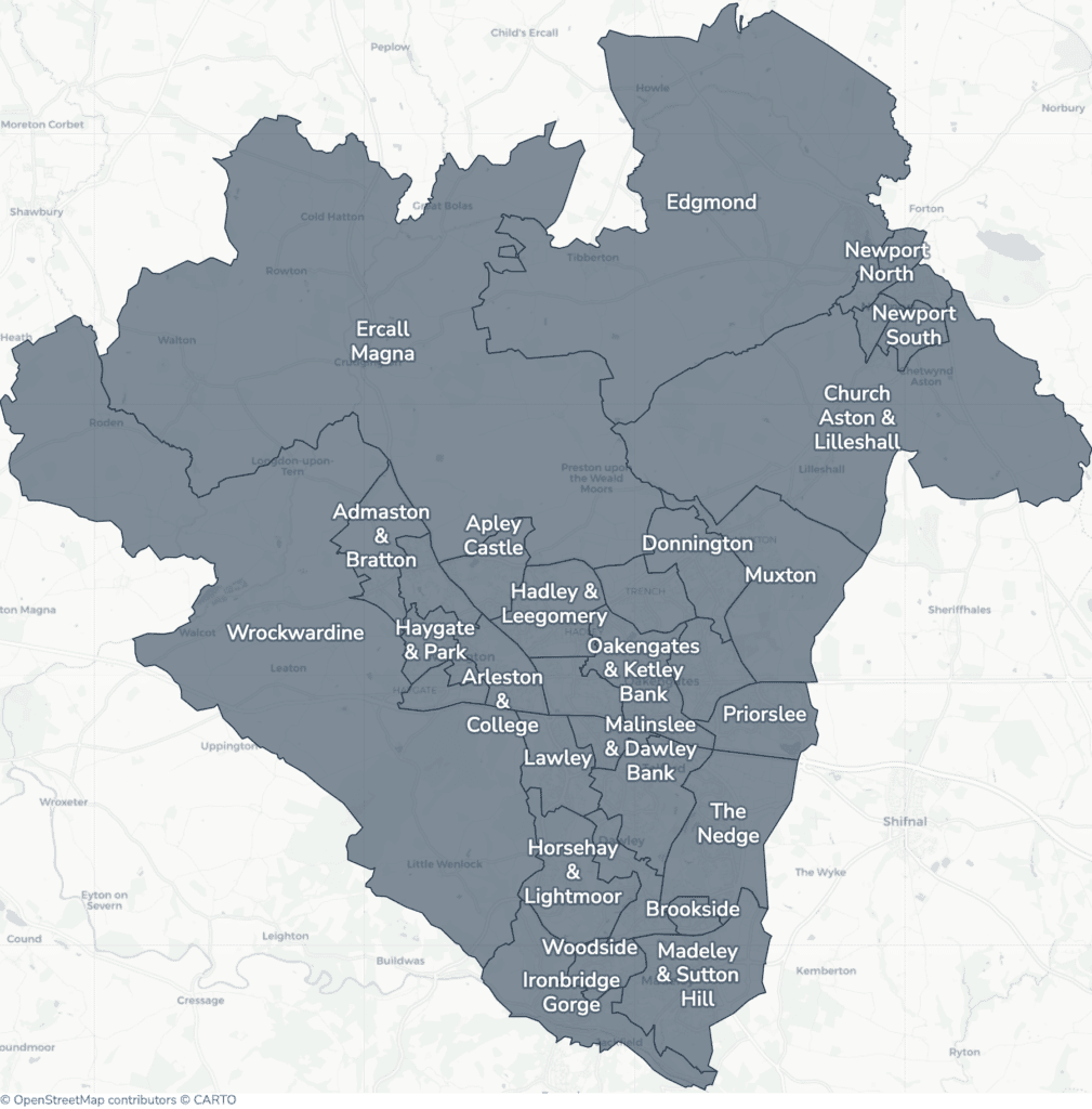 Map of property licensing by ward in Telford and Wrekin. No selective or additional licensing scheme applies now. Mandatory HMO licensing applies across the council area, as it does nationally to larger shared homes.