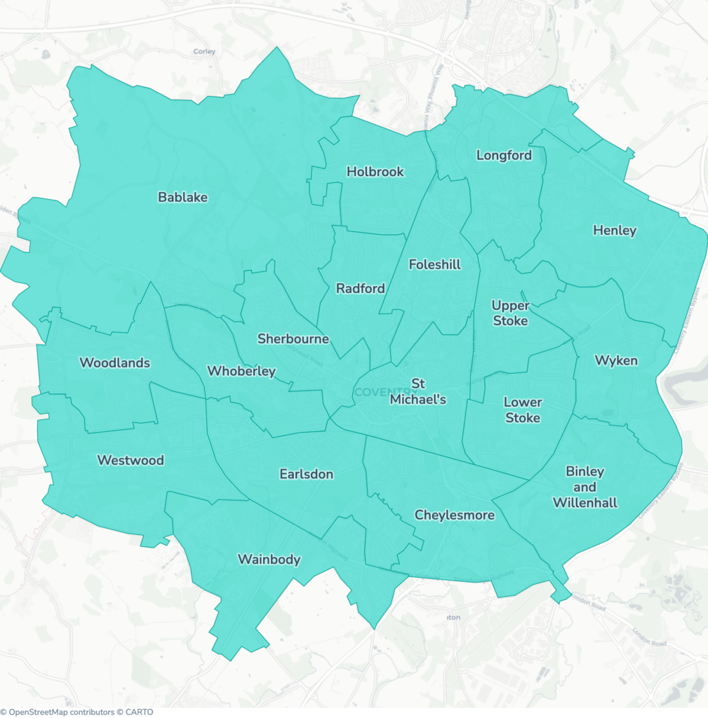 Map of property licensing by ward in Coventry. Additional HMO licensing across the whole council area applies now.