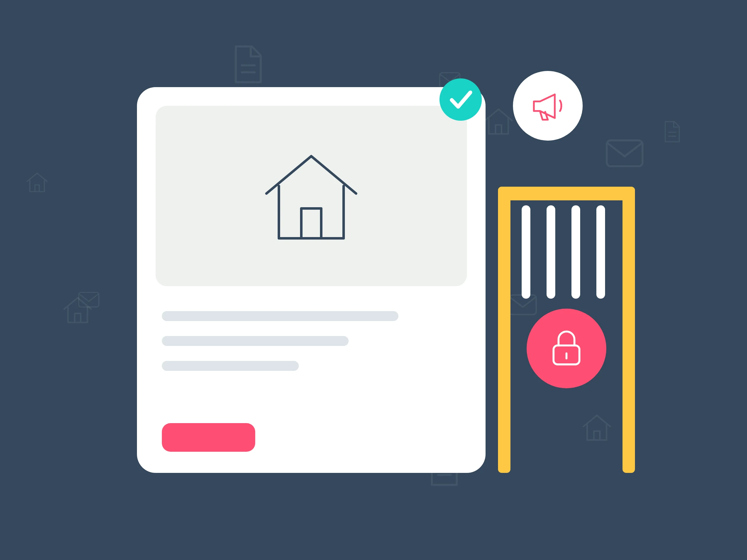 Illustration of a property listing card with a house picture and a coral button, beside a yellow gate closed with a coral padlock, and a megaphone and tick above.