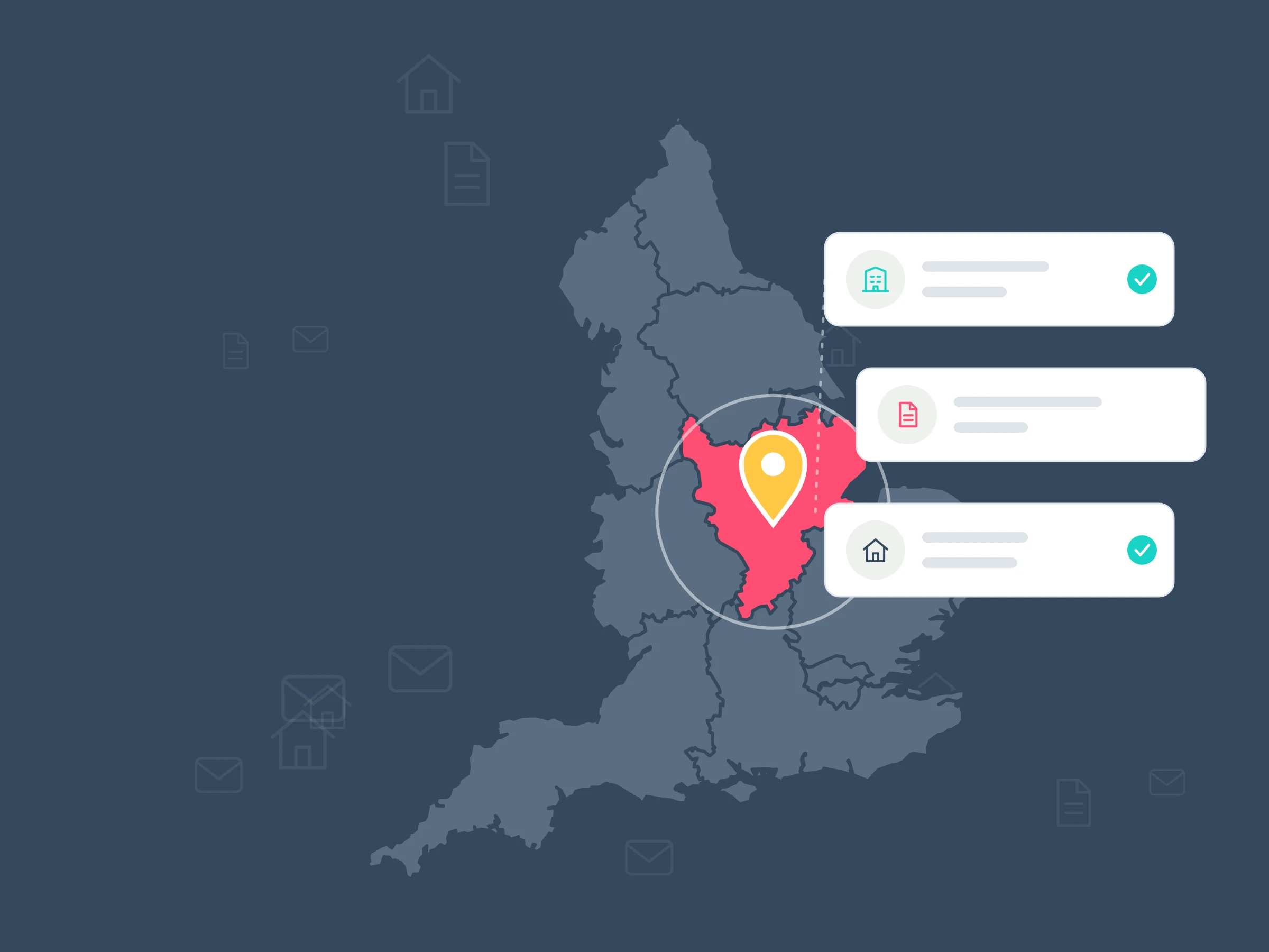 Illustration of a map of England with the East Midlands in coral and a yellow pin, linked by a dotted line to cards for a council building, a licence document and a house.